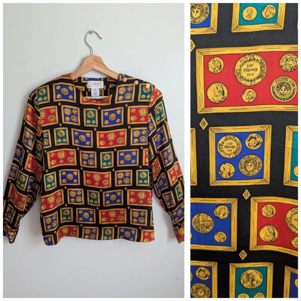 90s Talbots Blouse 100% Silk Bold Baroque Vintage 10P Colorful French Old Money